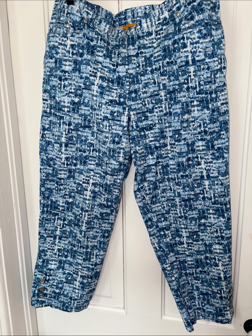 Ruby Red Blue Patterned Women’s Casual Capris.